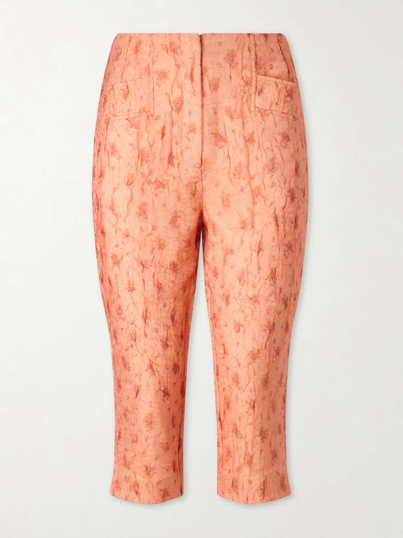Ganni Floral-print Crinkled Shibori-organza Skinny-leg Capri Pants