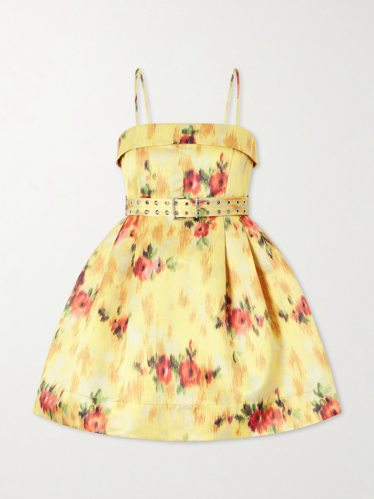 Ganni Floral-print Tie-detailed Duchesse-satin Mini Dress In Yellow