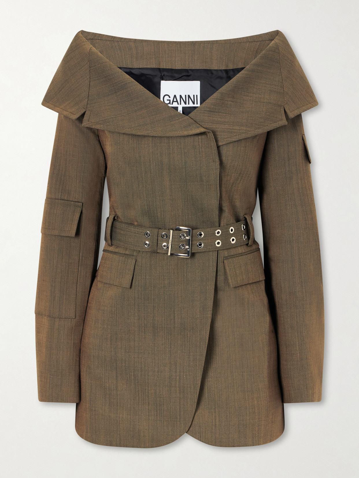 Ganni Belted Wool Blazer In Brown