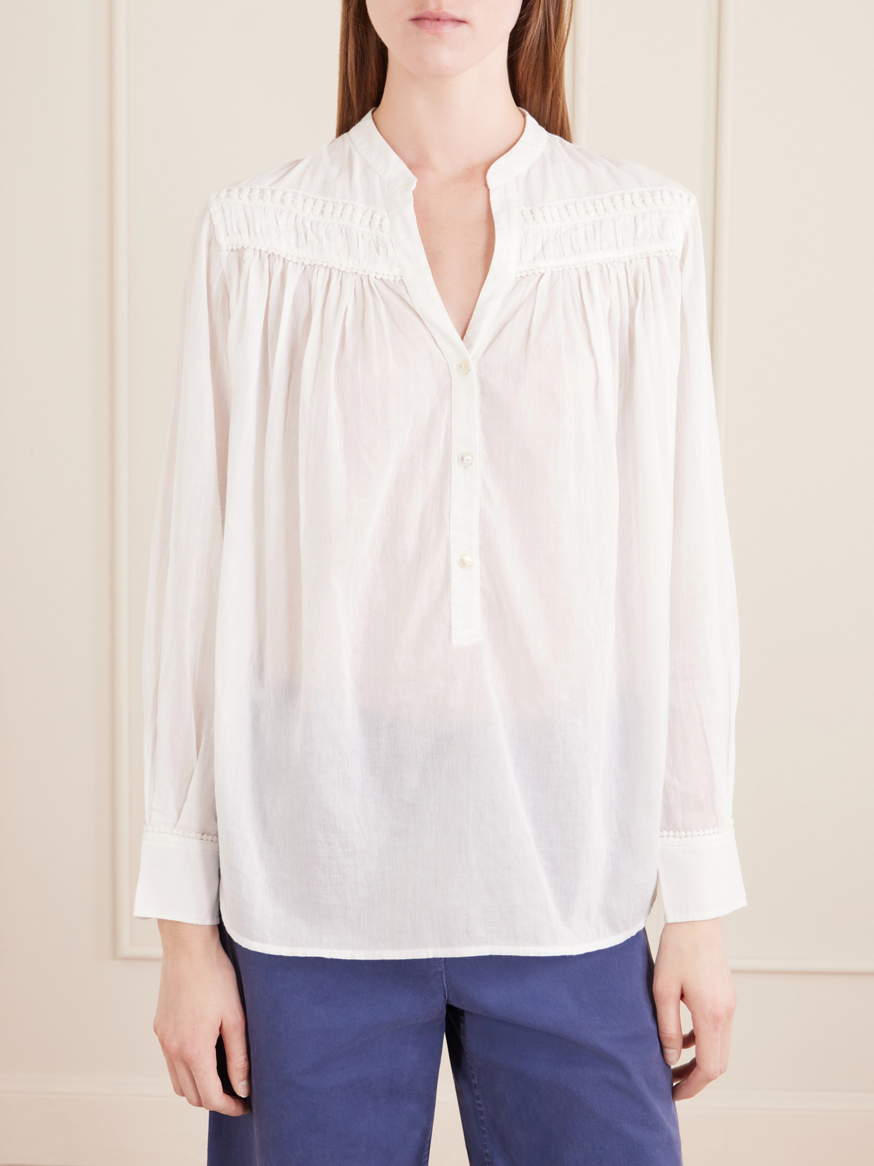 Clarys Embroidered Gathered Cotton-Voile Blouse
