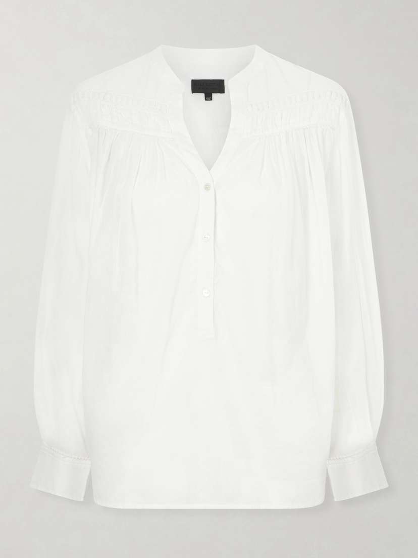 Nili Lotan Clarys Embroidered Gathered Cotton-voile Blouse