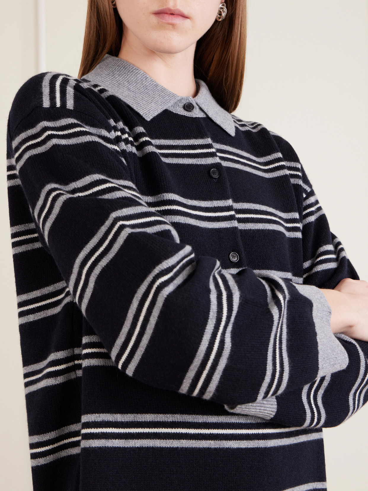 Nili Lotan Galvez Striped Cashmere Polo Sweater In Black