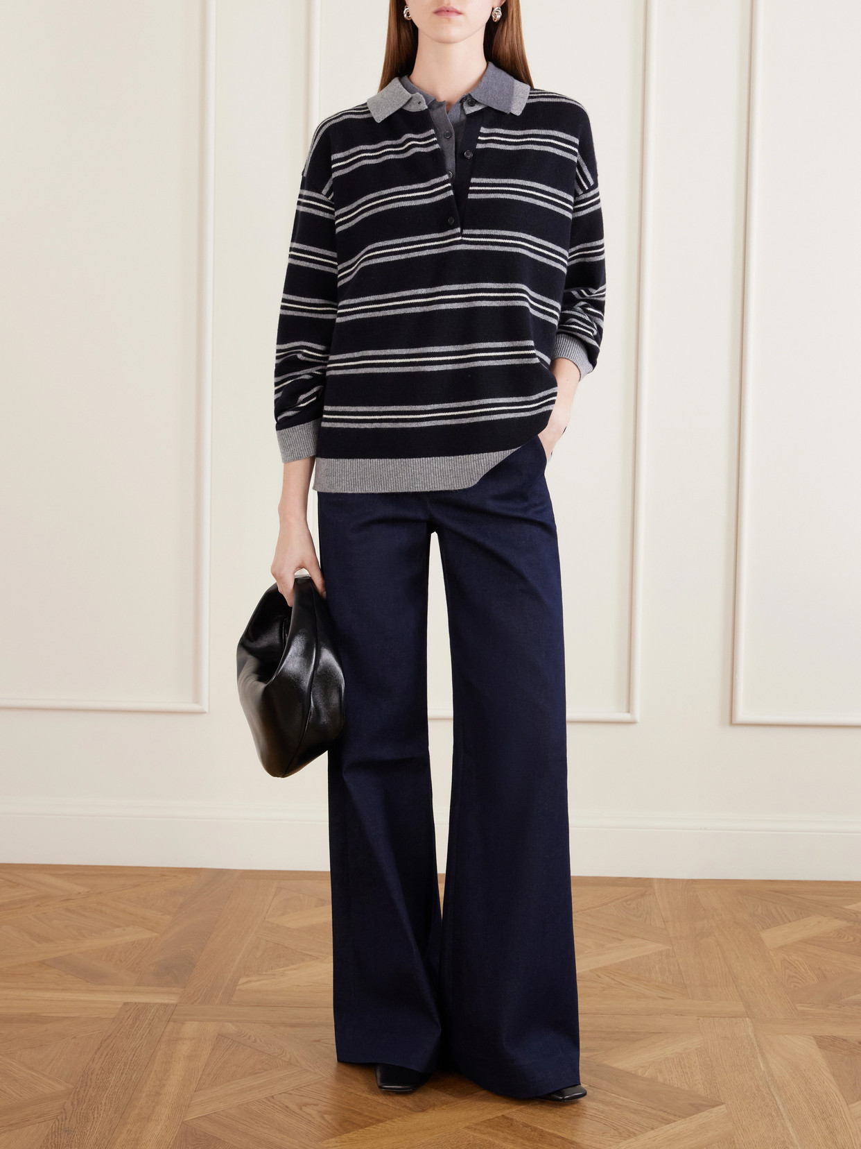 Nili Lotan Galvez Striped Cashmere Polo Sweater In Black