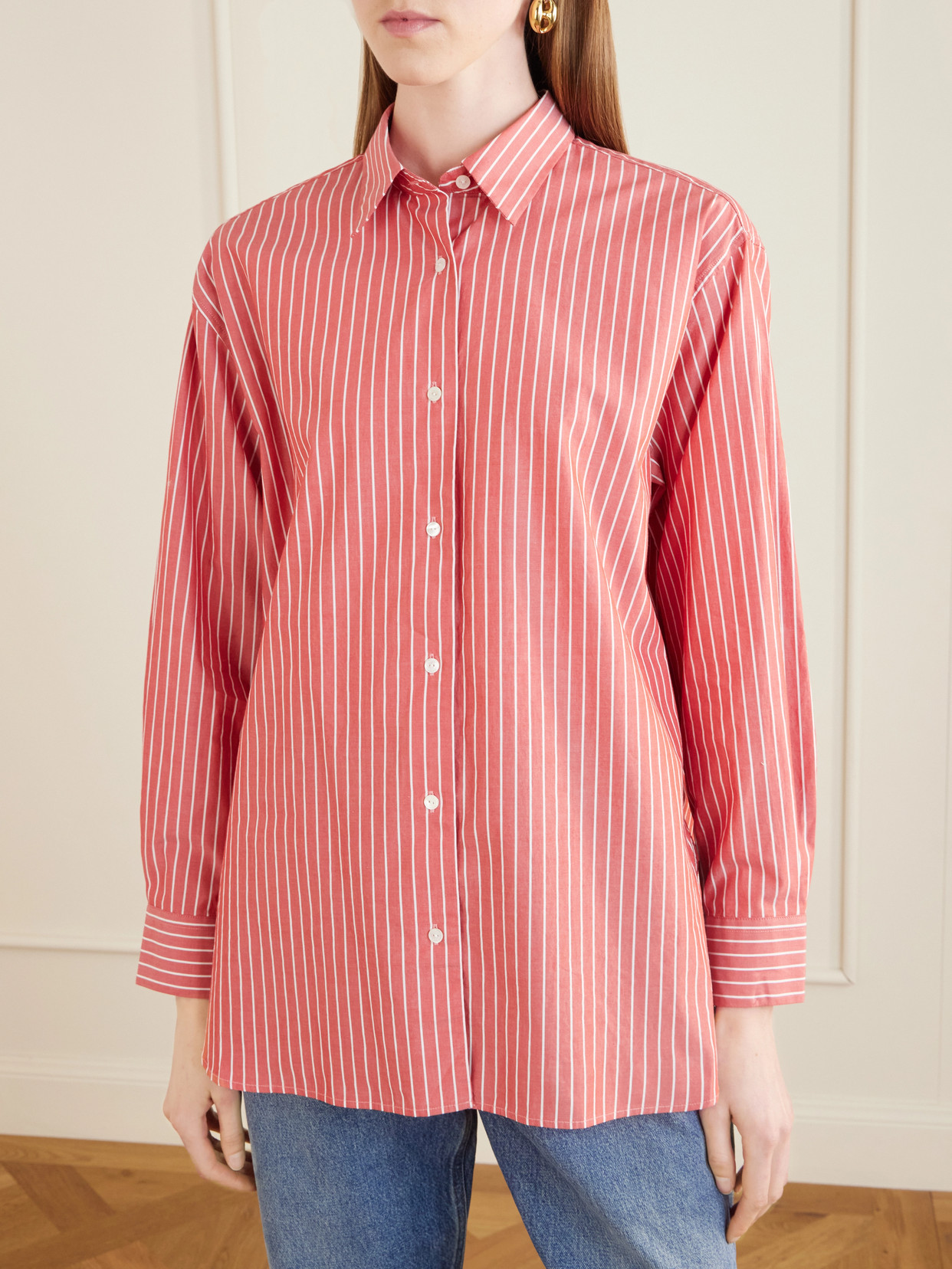 Nili Lotan Women's Yorke Striped Cotton Shirt Red And White Stripe, S