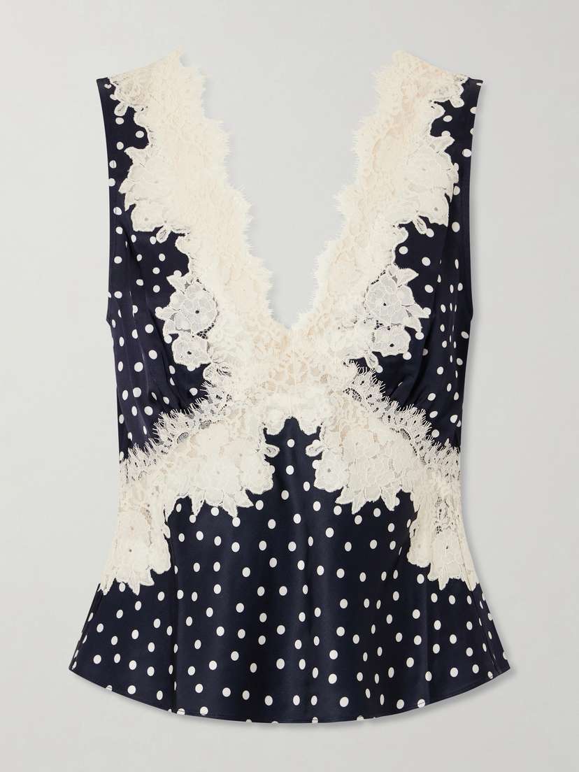 Rixo Emmie Lace-trimmed Polka-dot Satin Top
