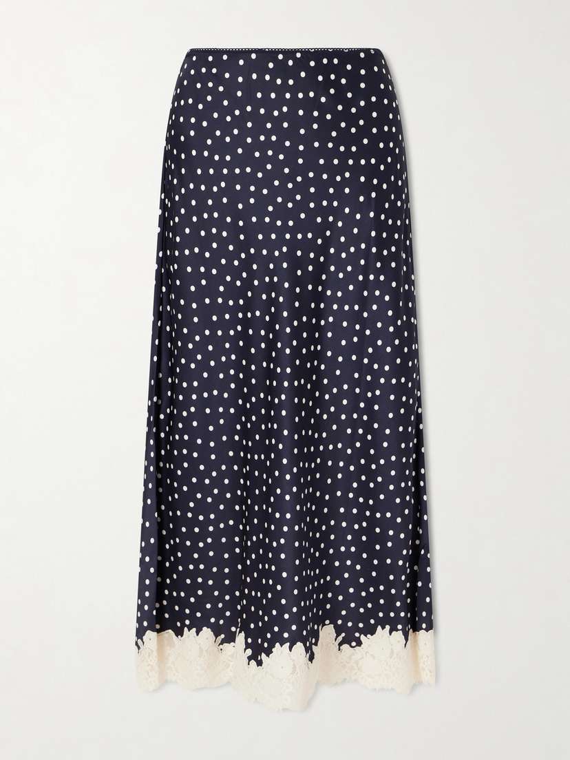 Rixo Matilde Lace-trimmed Polka-dot Satin Midi Skirt