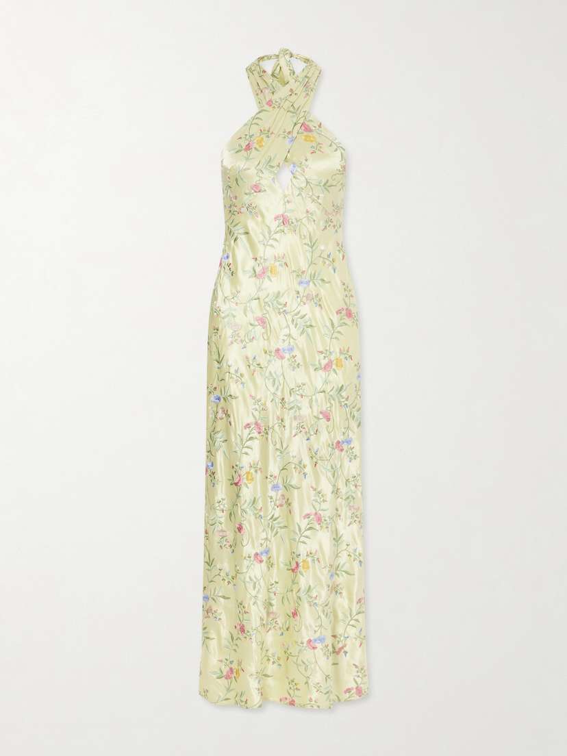 Rixo Dune Floral-embroidered Satin Maxi Dress