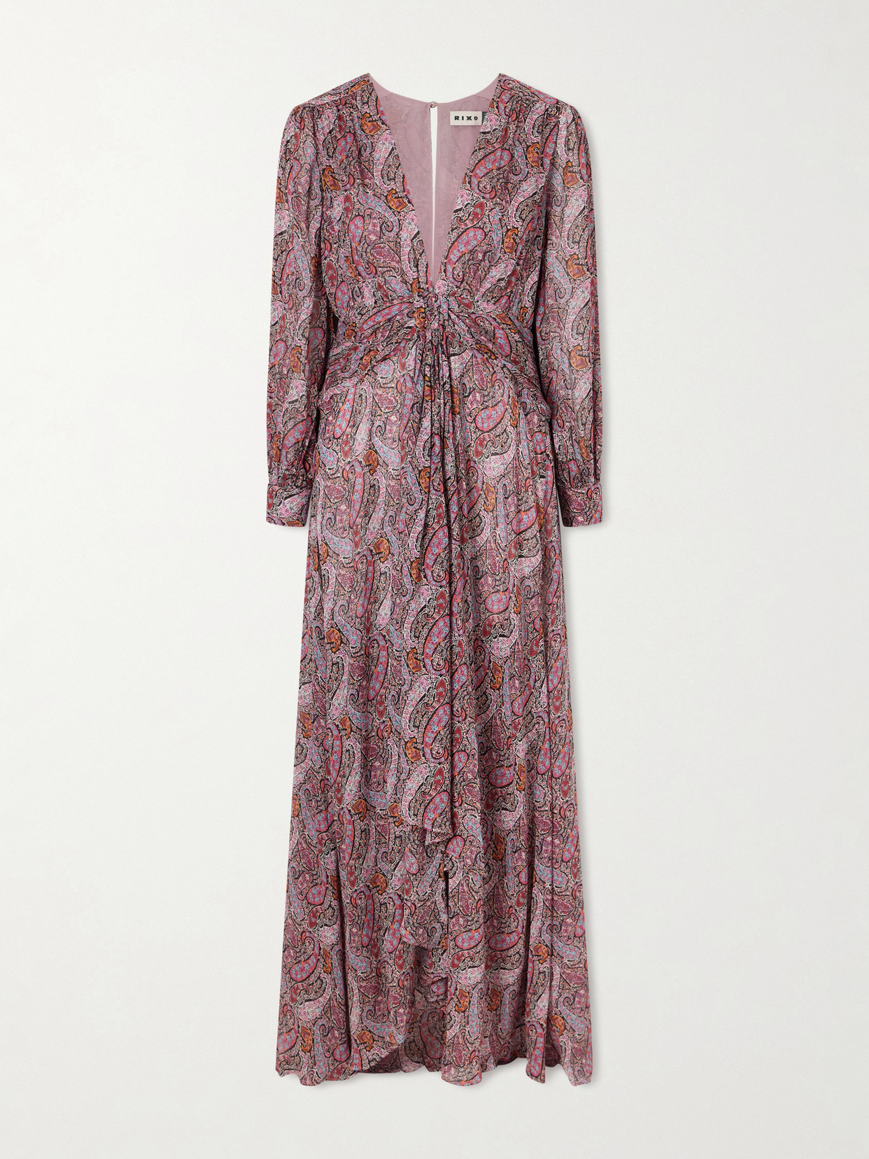 Rixo London Meera Gathered Paisley-print Chiffon Maxi Dress In Brown