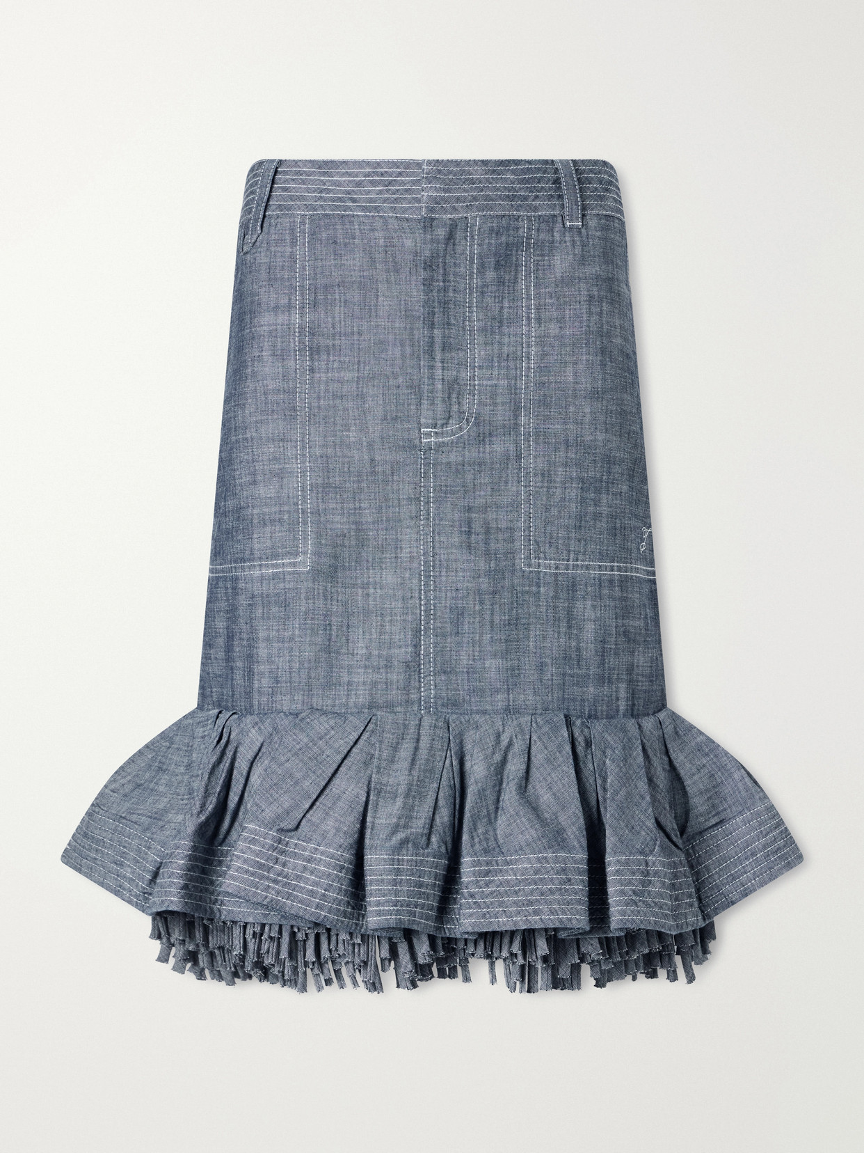 Jacquemus La Jupe Cabana Fringed Ruffled Denim Mid-rise Midi Skirt In Gray