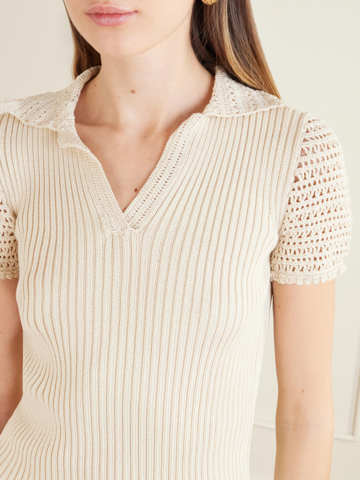 Crochet-Trimmed Ribbed Cotton Polo