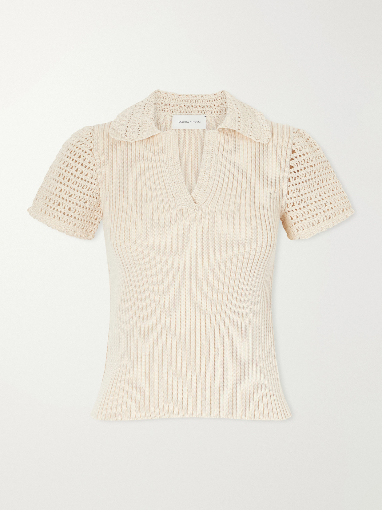 Magda Butrym Crochet-trimmed Ribbed Cotton Polo Shirt In Neutral