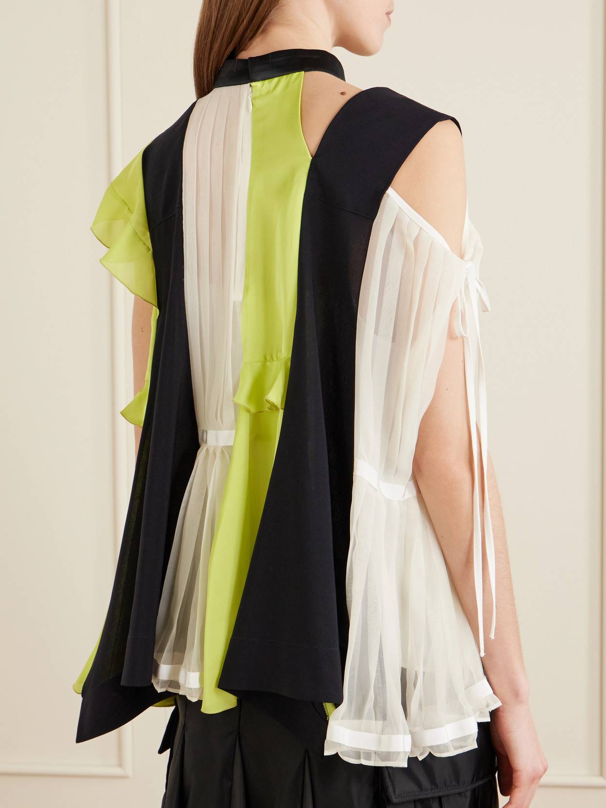 Paneled Ruffled Pleated Wool, Satin And Chiffon Blouse