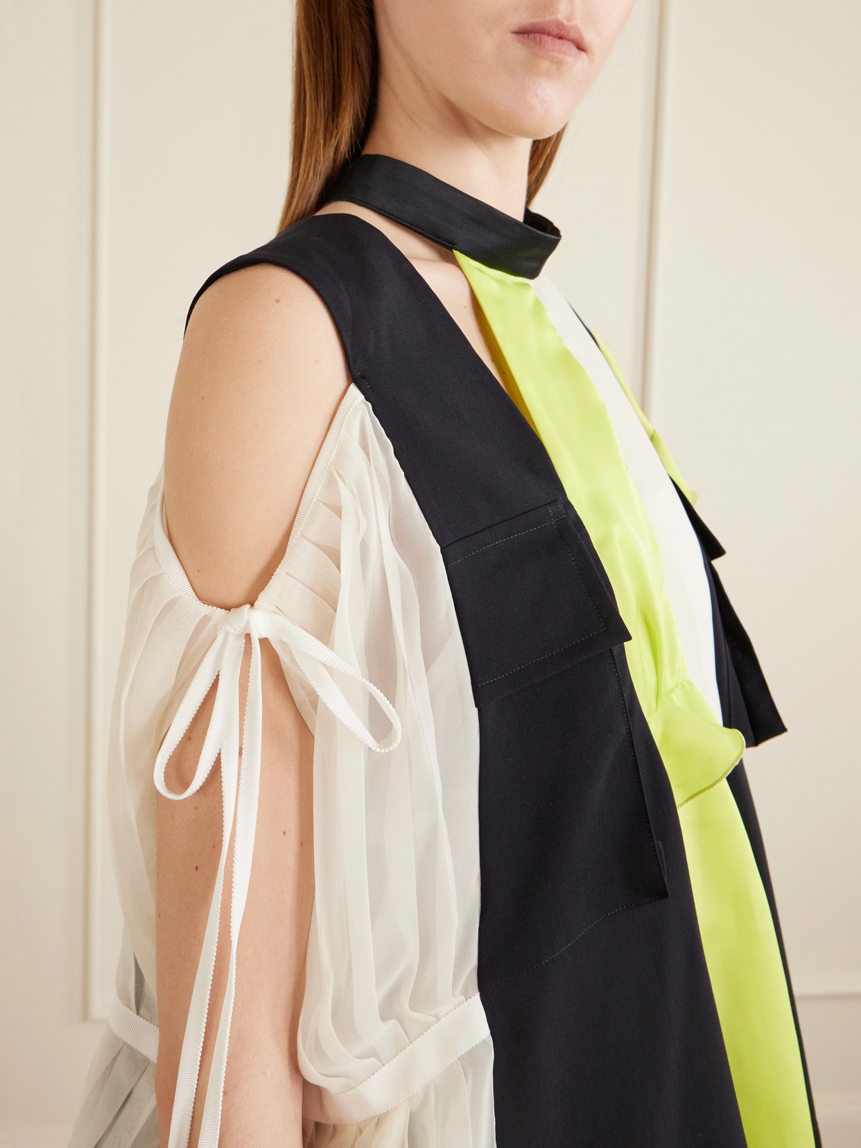 Paneled Ruffled Pleated Wool, Satin And Chiffon Blouse