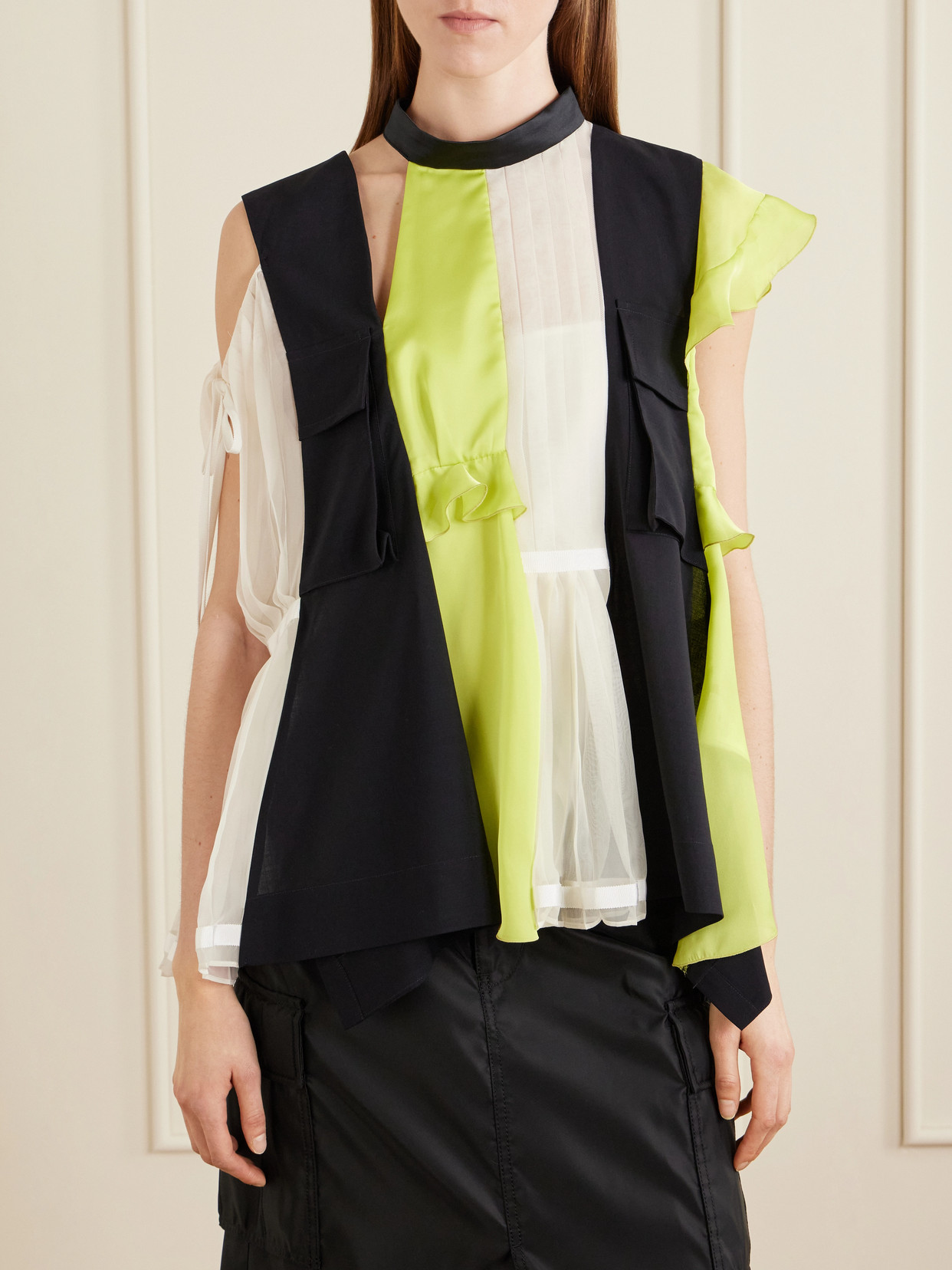 Paneled Ruffled Pleated Wool, Satin And Chiffon Blouse