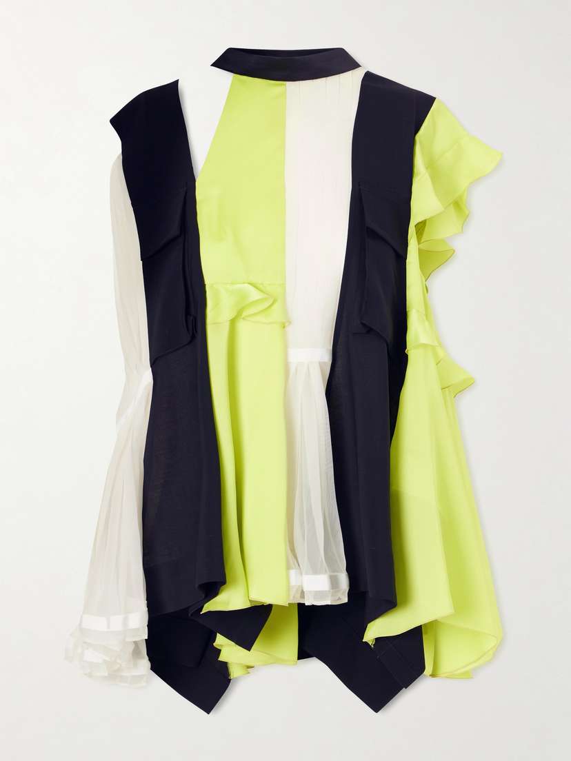 Sacai Paneled Ruffled Pleated Wool, Satin And Chiffon Blouse