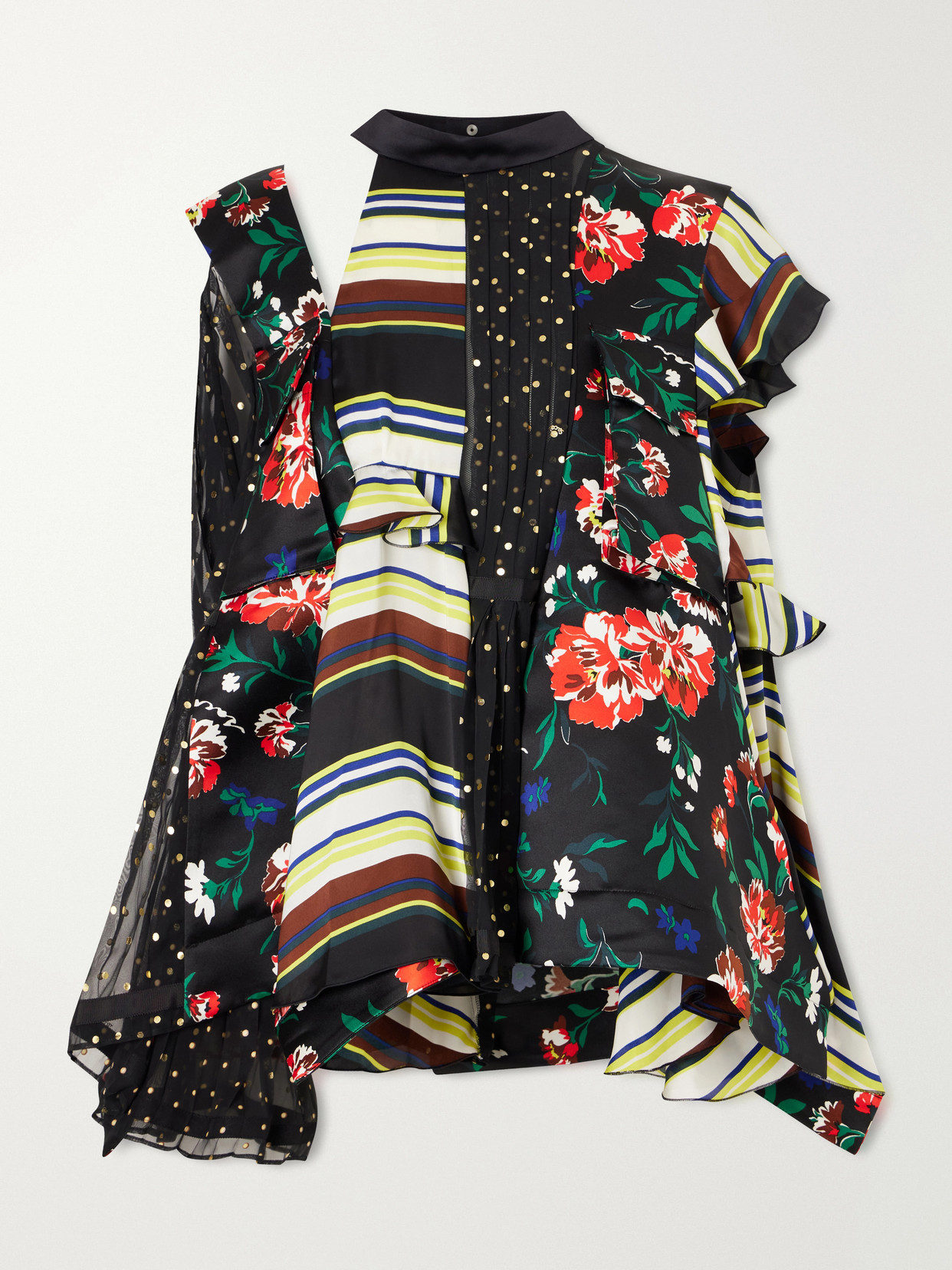 Sacai Pattern Mix Printed Ruffled Blouse In Black