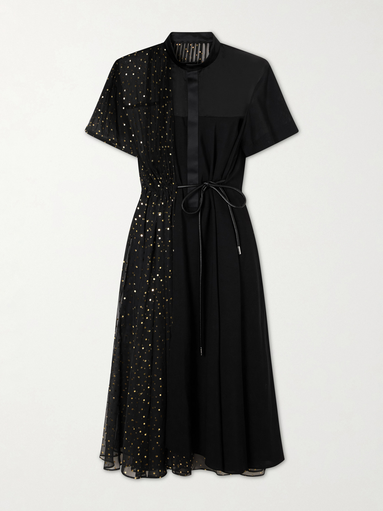 Sacai Belted Polka-dot Chiffon And Satin Midi Dress In Black
