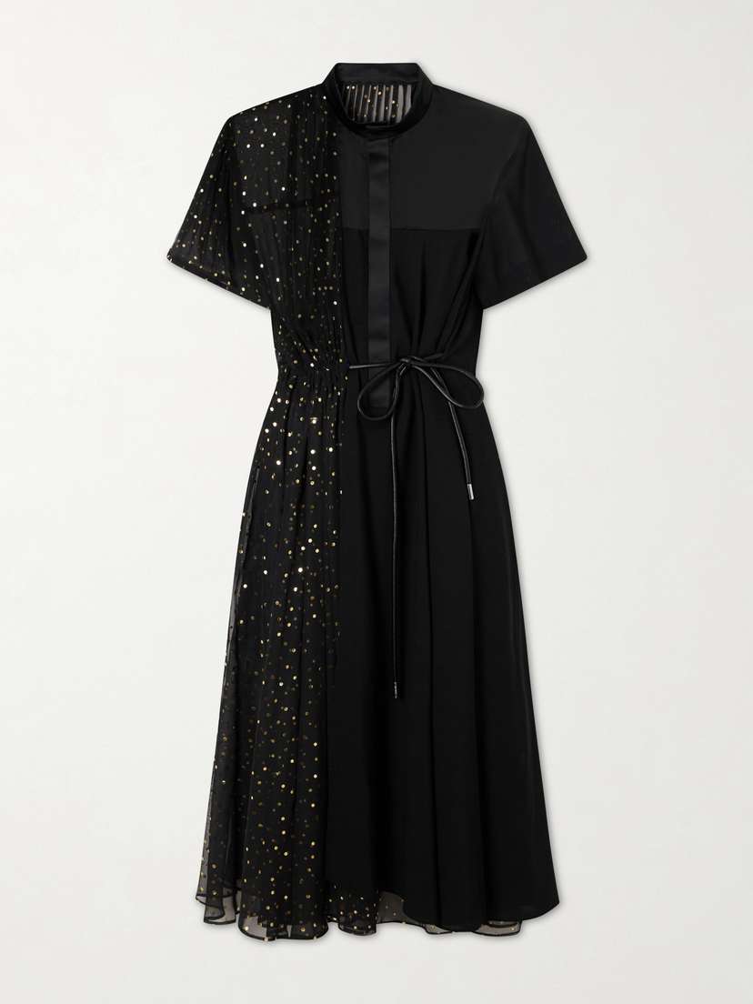 Sacai Belted Polka-dot Chiffon And Satin Midi Dress