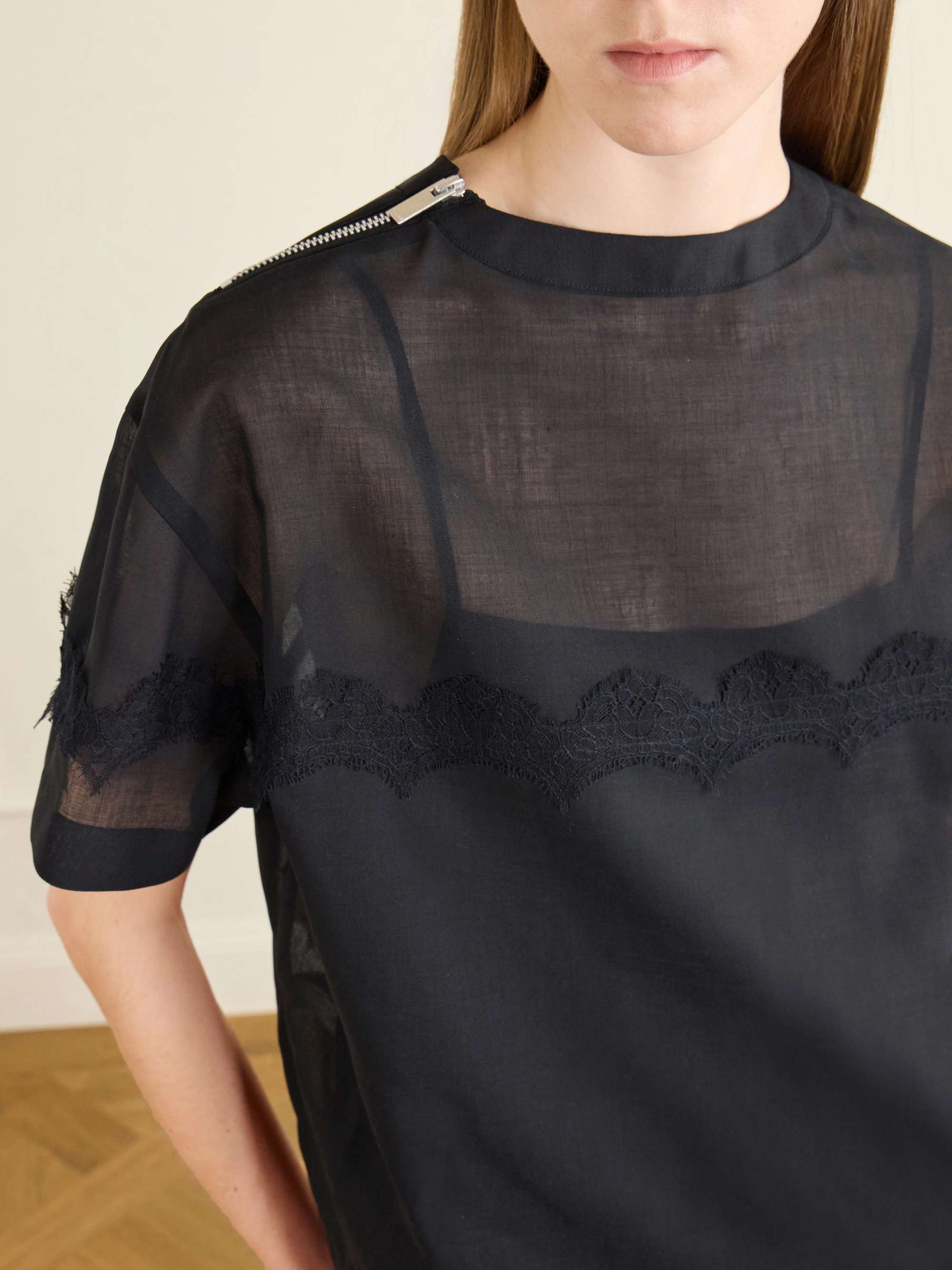 SACAI Lace-trimmed organza T-shirt | NET-A-PORTER
