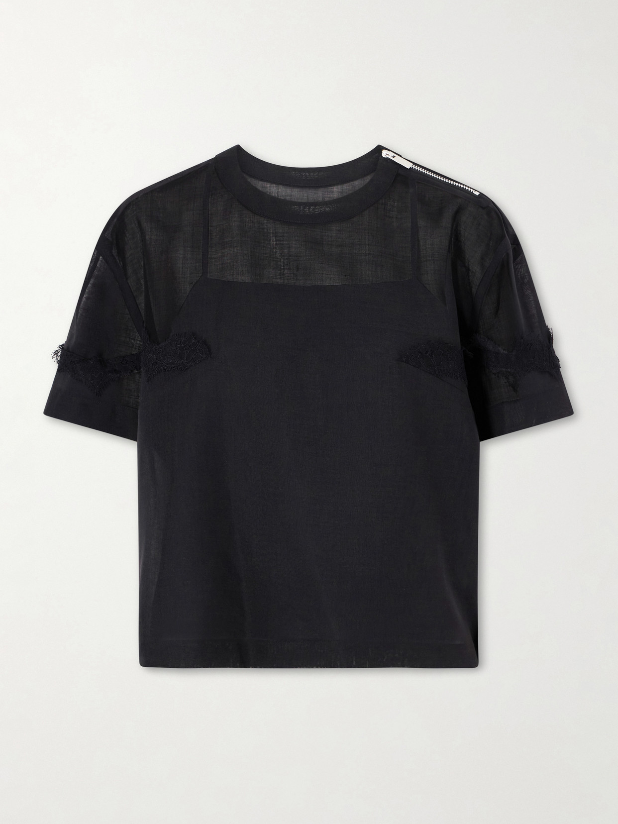 Sacai Lace-trimmed Organza T-shirt In Black