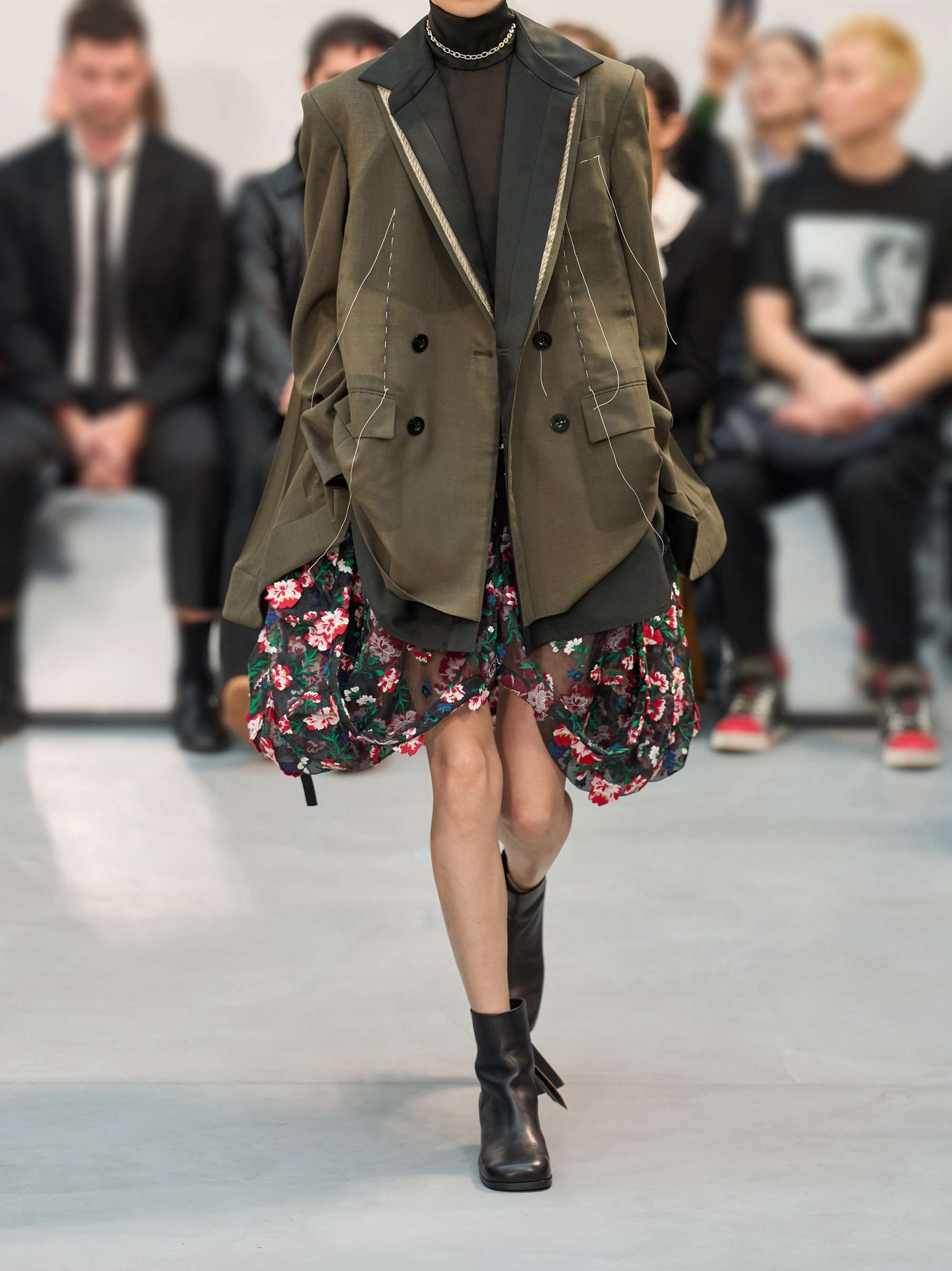 SACAI Double-breasted pleated embroidered satin-trimmed organza