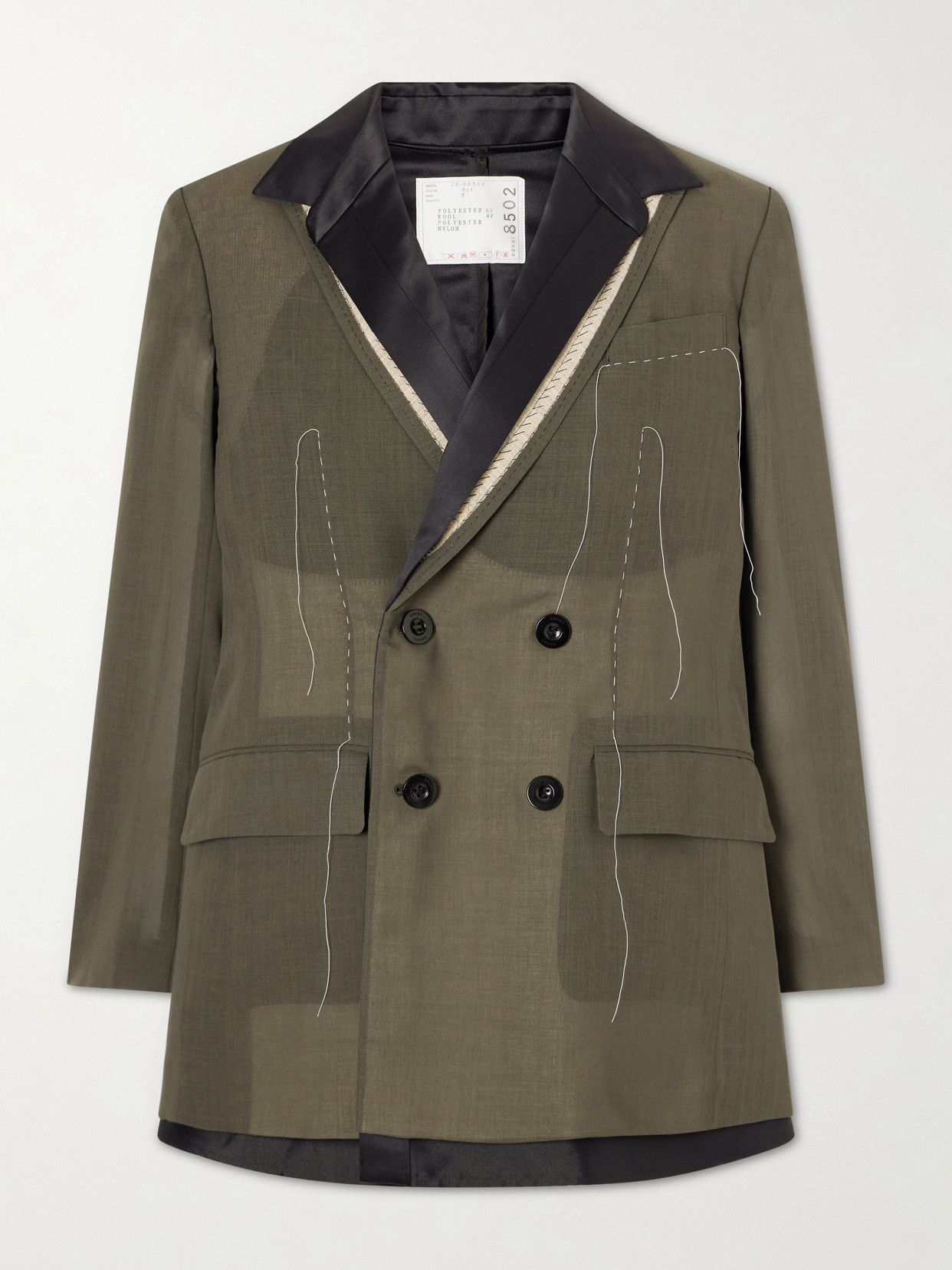 Sacai Double-breasted Pleated Embroidered Satin-trimmed Organza Blazer In Green