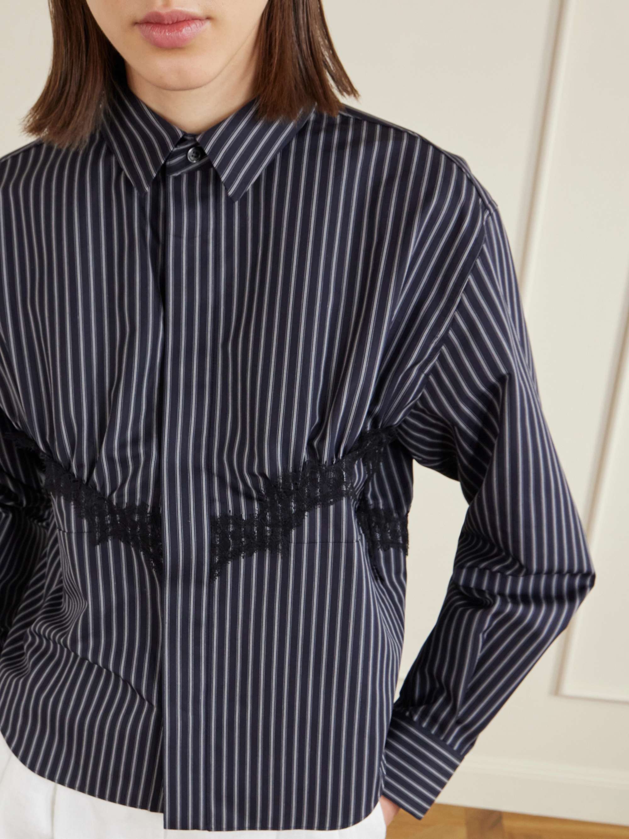 SACAI Striped lace-trimmed cotton-blend poplin shirt | NET-A-PORTER