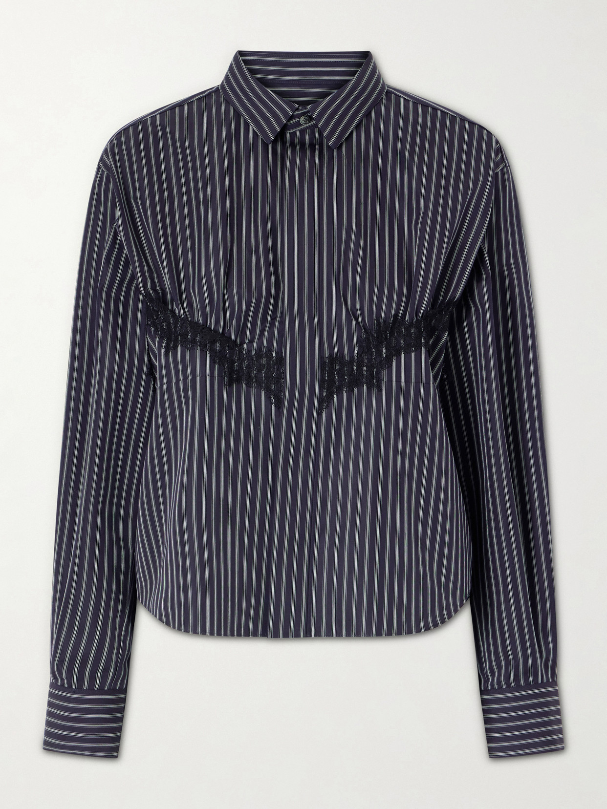 Sacai Striped Lace-trimmed Cotton-blend Poplin Shirt In Blue