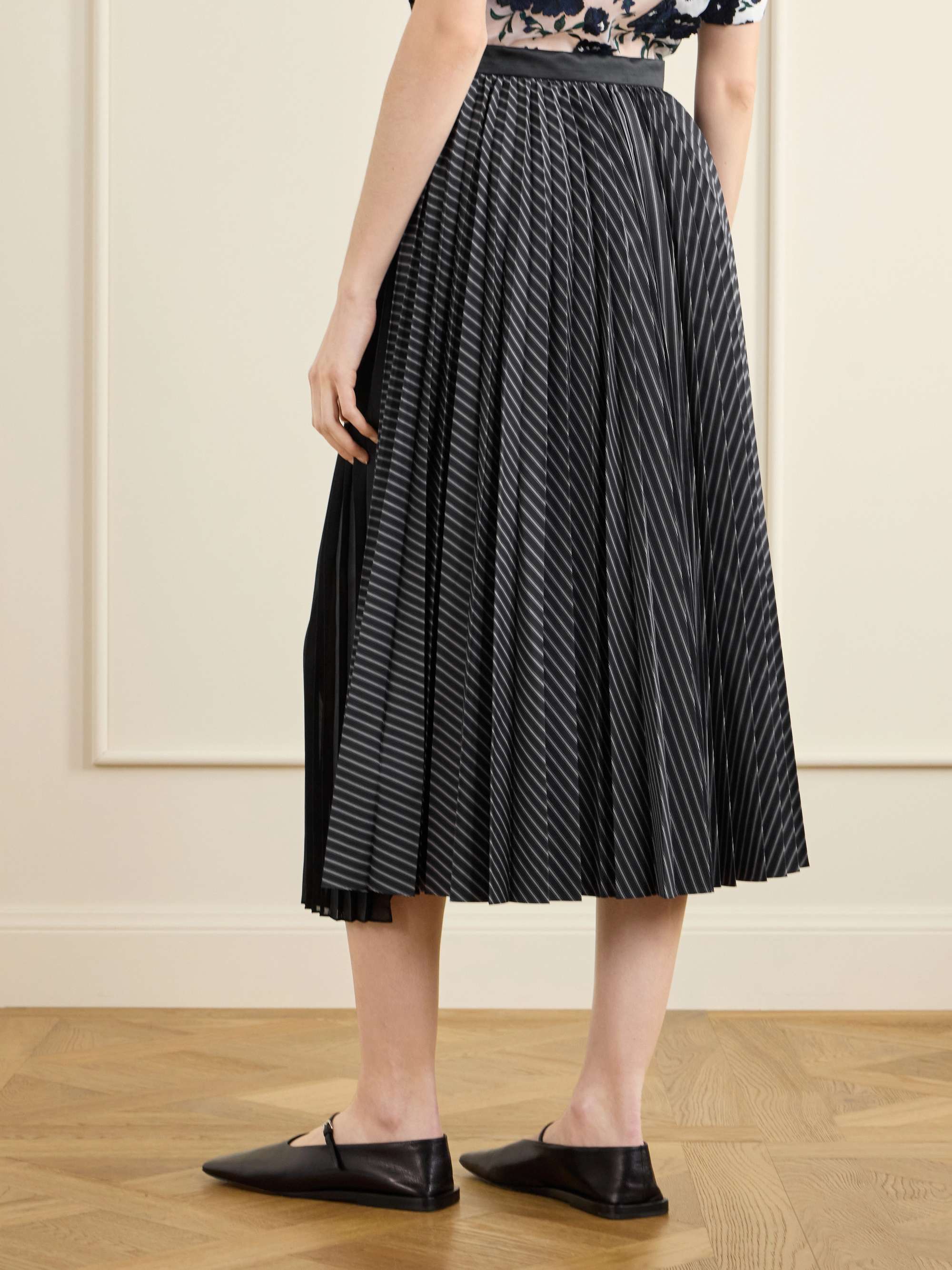 SACAI Pleated striped chiffon-trimmed cotton-blend poplin maxi