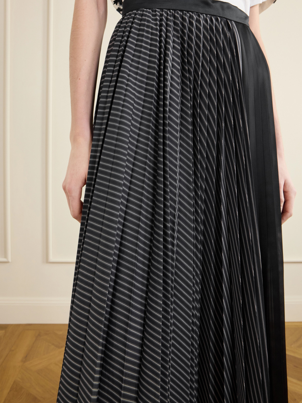 Pleated Striped Chiffon-Trimmed Cotton-Blend Poplin Maxi