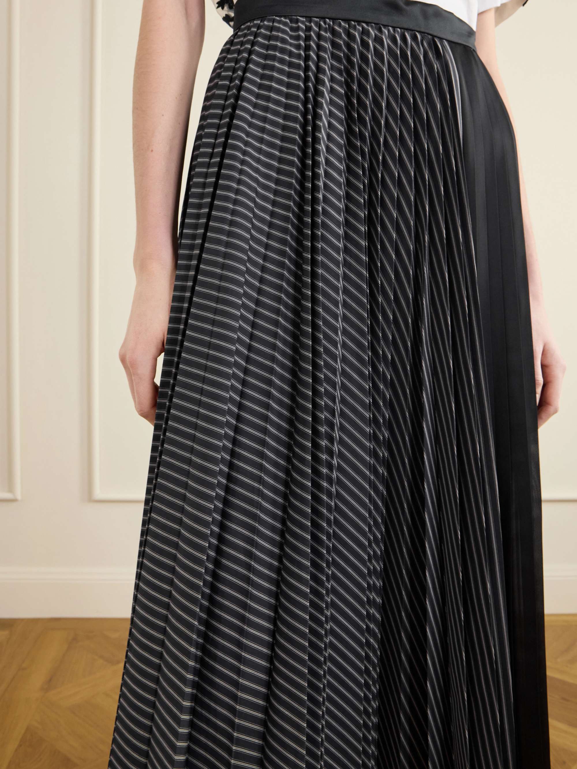 SACAI Pleated striped chiffon-trimmed cotton-blend poplin maxi