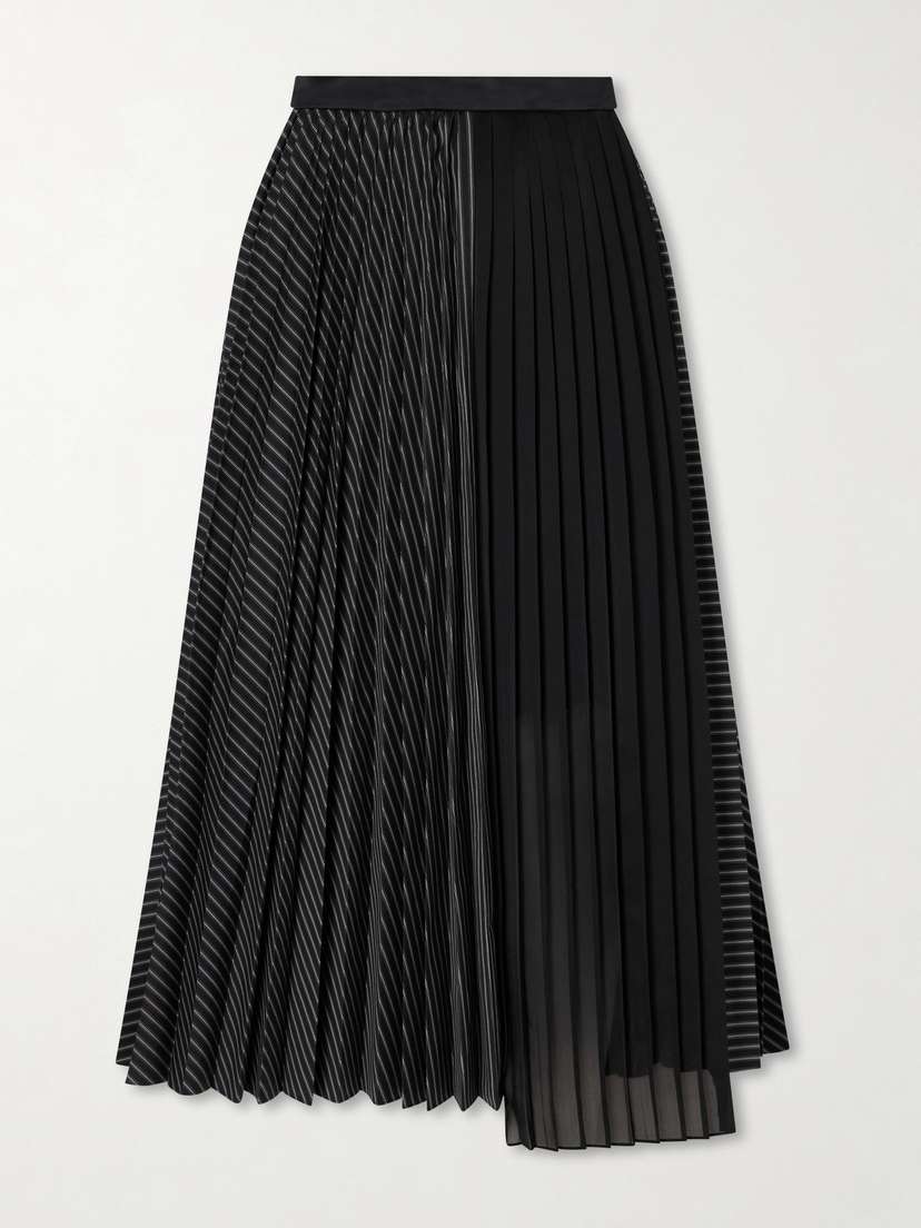 Sacai Pleated Striped Chiffon-trimmed Cotton-blend Poplin Maxi Skirt