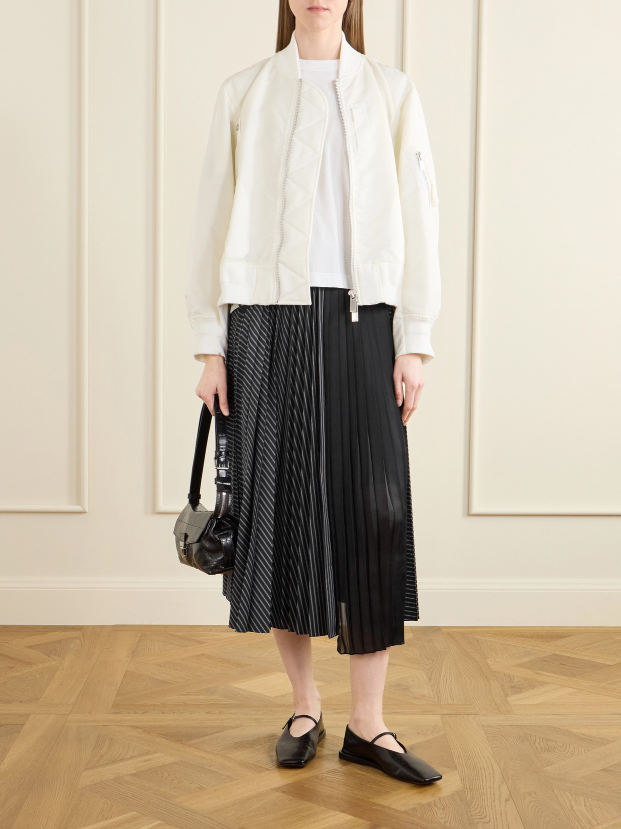 Pleated Striped Chiffon-Trimmed Cotton-Blend Poplin Maxi