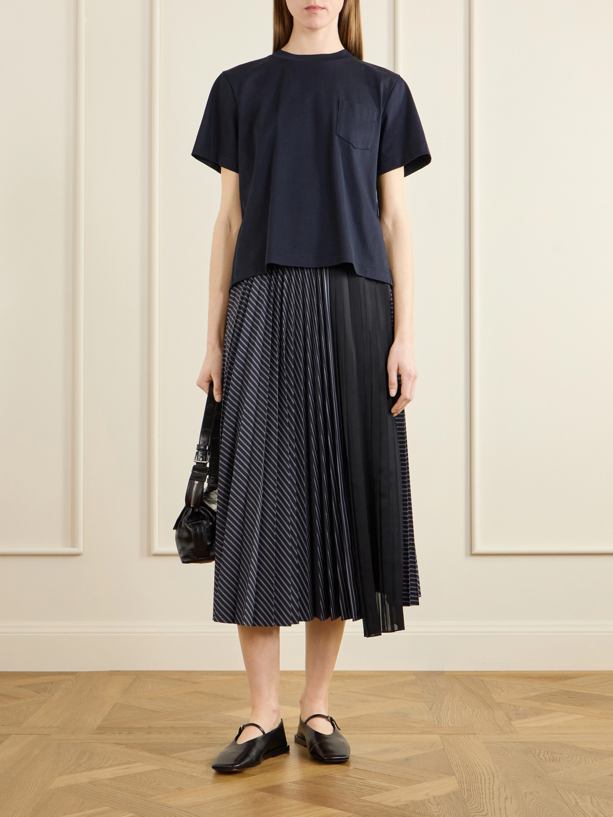Pleated Striped Cotton-Jersey And Poplin T-Shirt