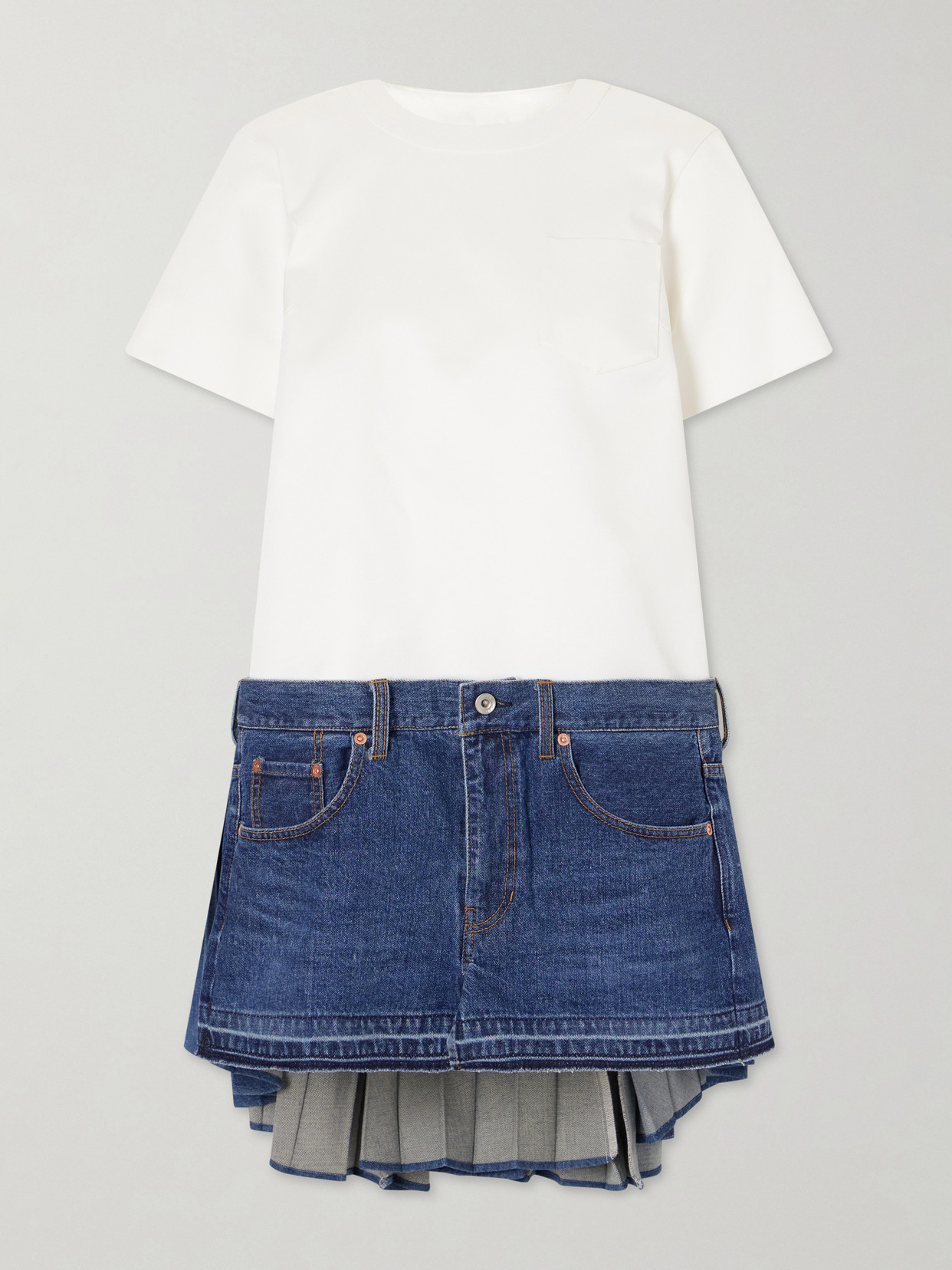 Sacai Cape-effect Pleated Cotton And Silk-blend Jersey And Denim Mini Dress In Multi