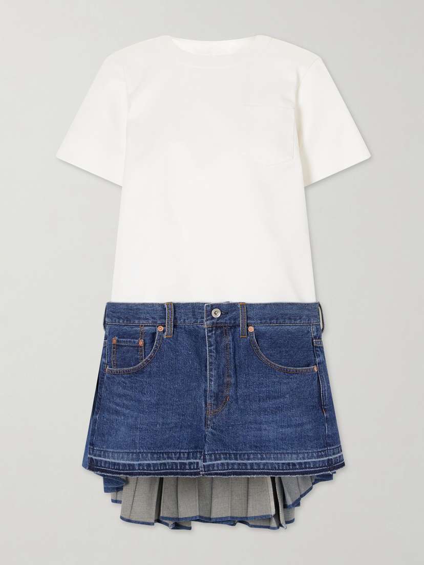 Sacai Cape-effect Pleated Cotton And Silk-blend Jersey And Denim Mini Dress