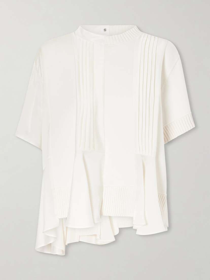 Sacai Paneled Pleated Ruffled Chiffon And Cotton-blend Top
