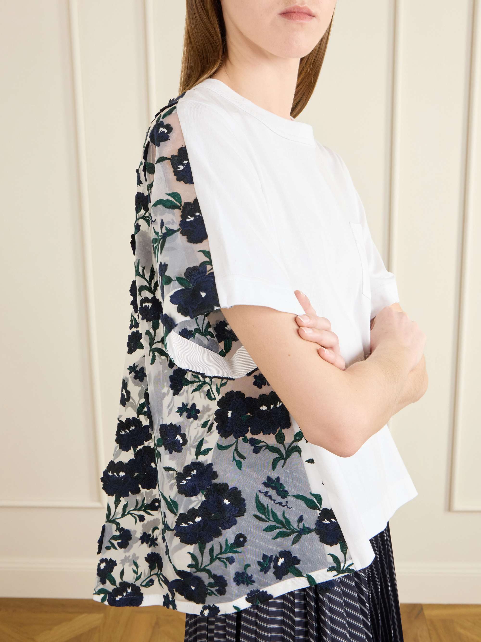 SACAI Embroidered appliquéd cotton-jersey and mesh T-shirt | NET-A