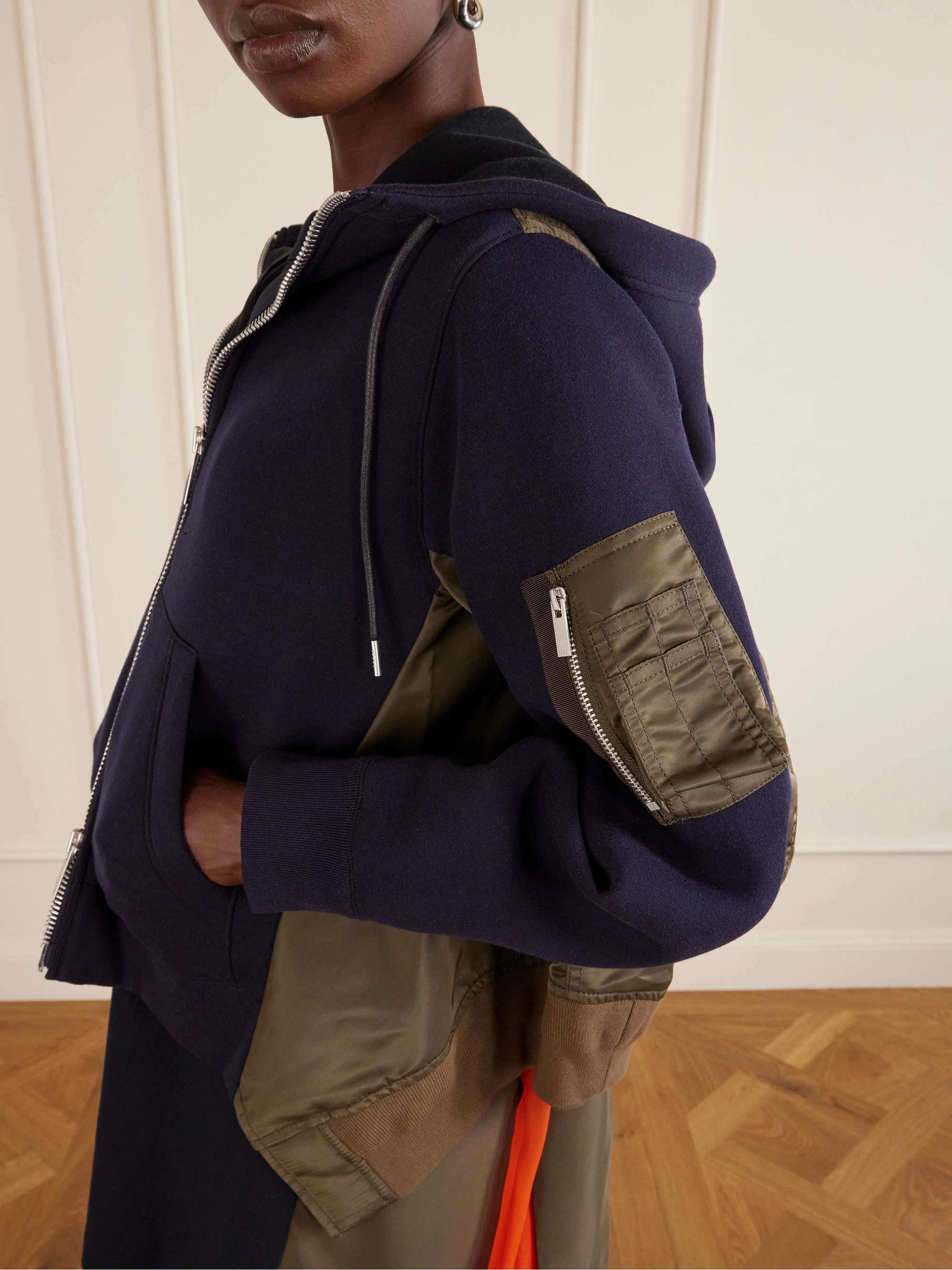 SACAI Sponge Sweat shell-paneled cotton-blend jersey zip-up hoodie