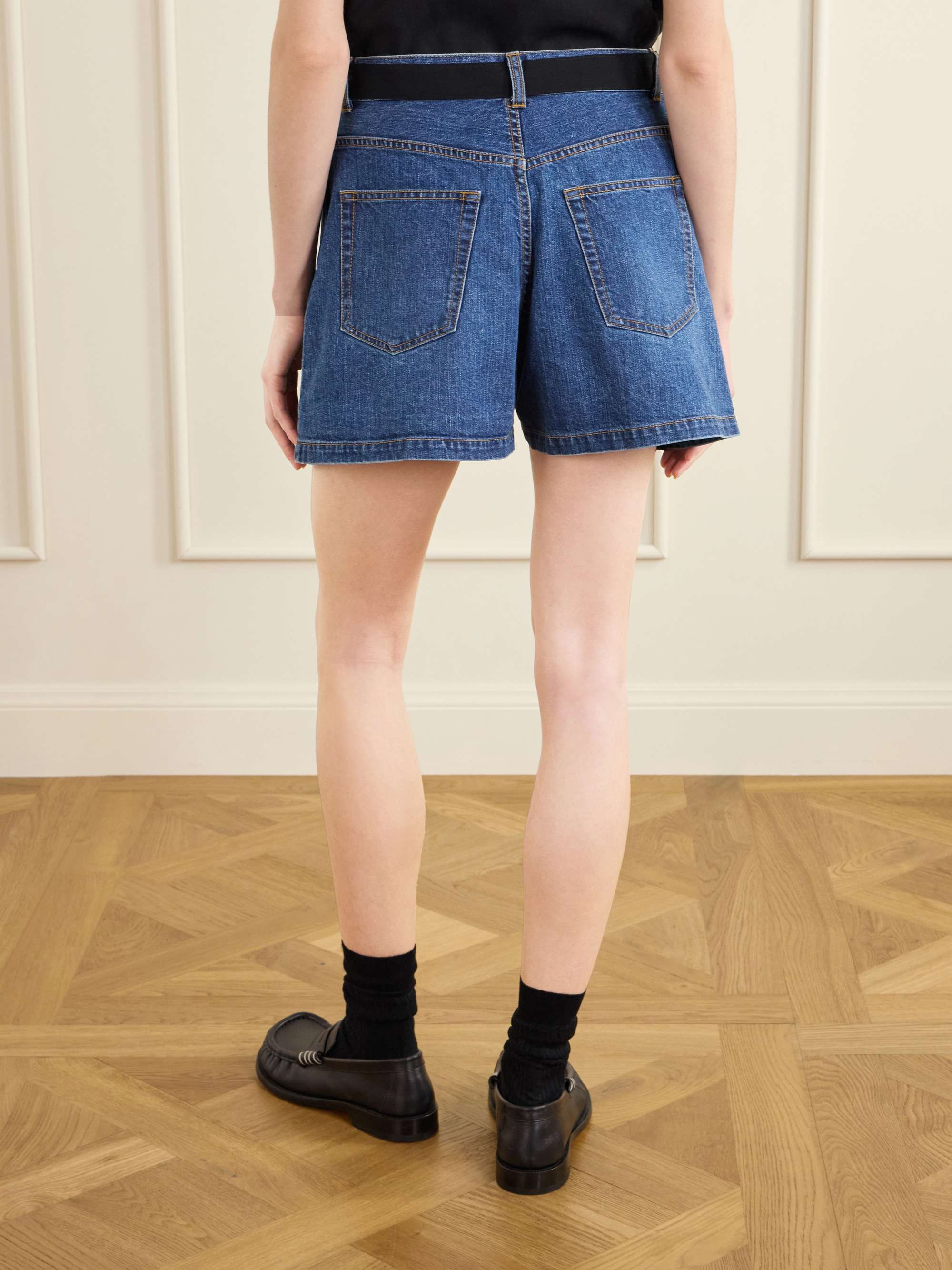 SACAI Belted wool-trimmed denim shorts | NET-A-PORTER