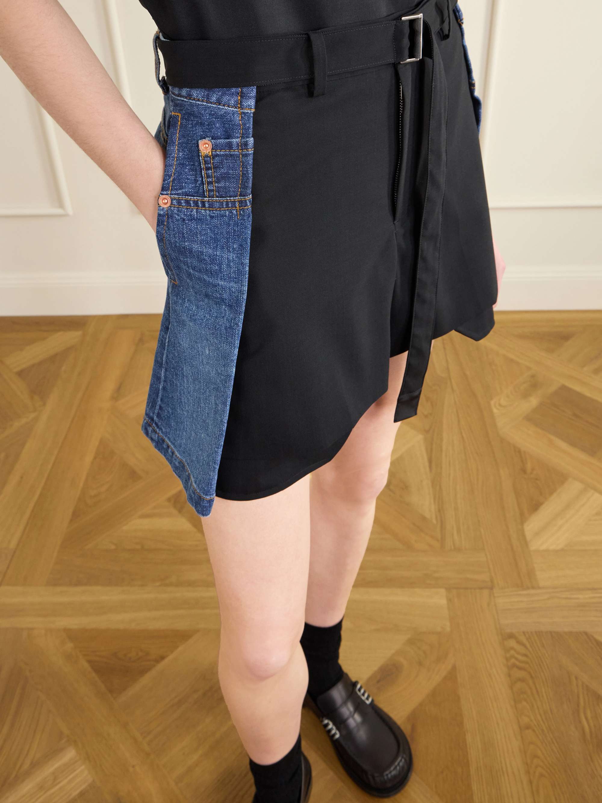 SACAI Belted wool-trimmed denim shorts | NET-A-PORTER