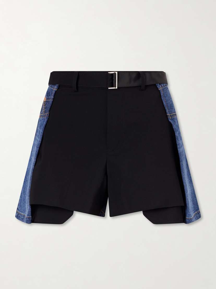 Sacai Belted Wool-trimmed Denim Shorts