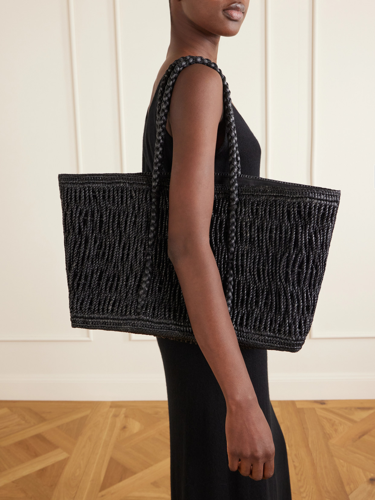Georgica Leather-Trimmed Raffia Tote Bag
