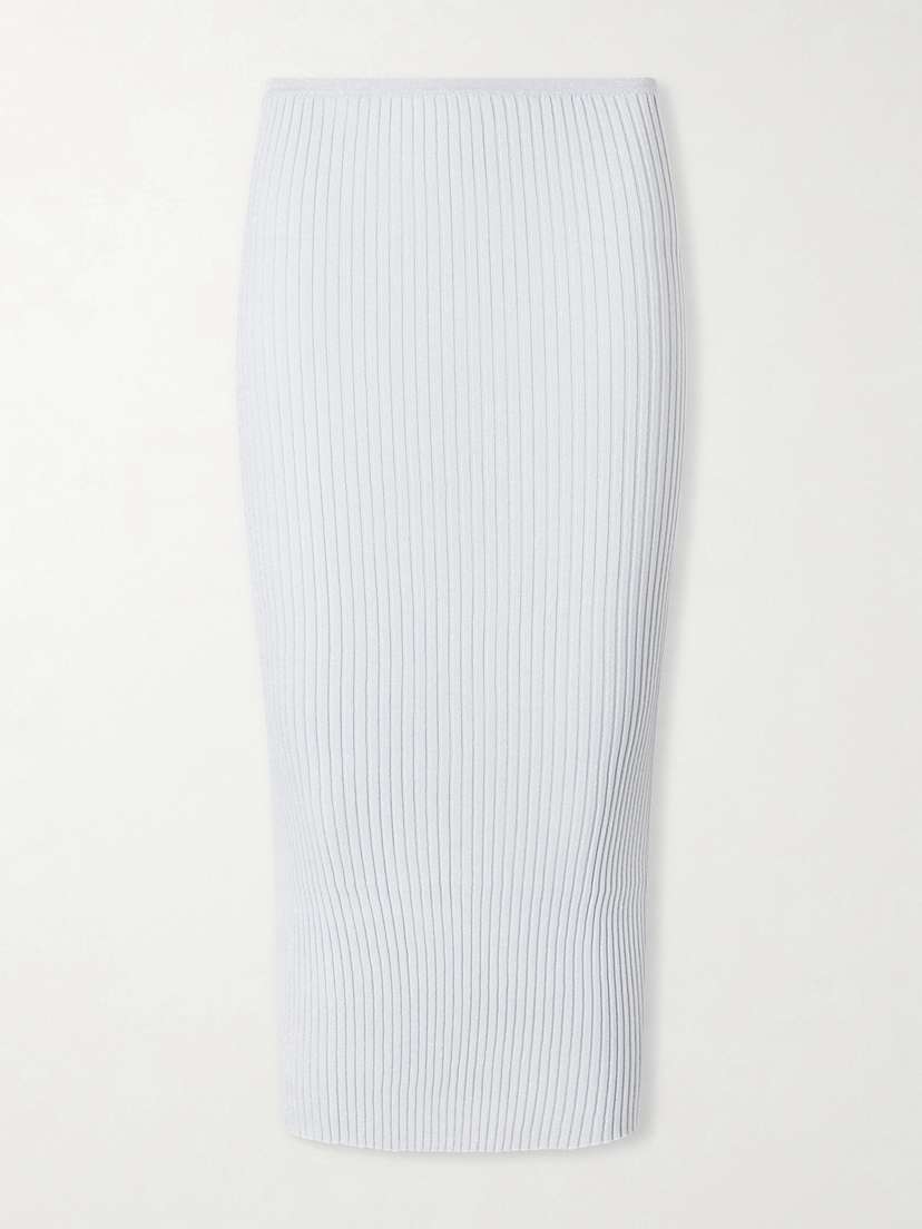 LESET Blake Metallic Ribbed-knit Midi Skirt