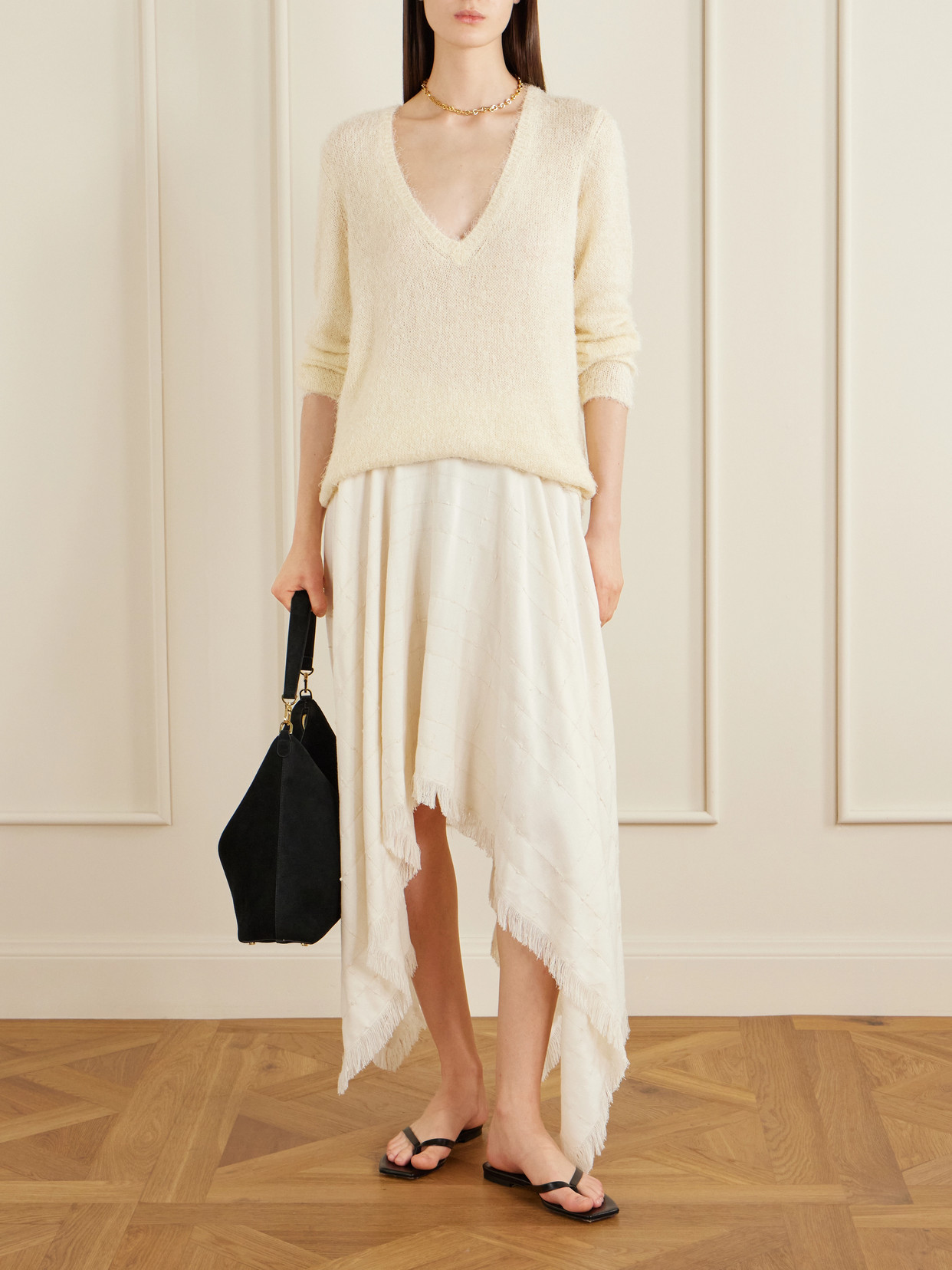 Frayed Asymmetric Tweed Midi