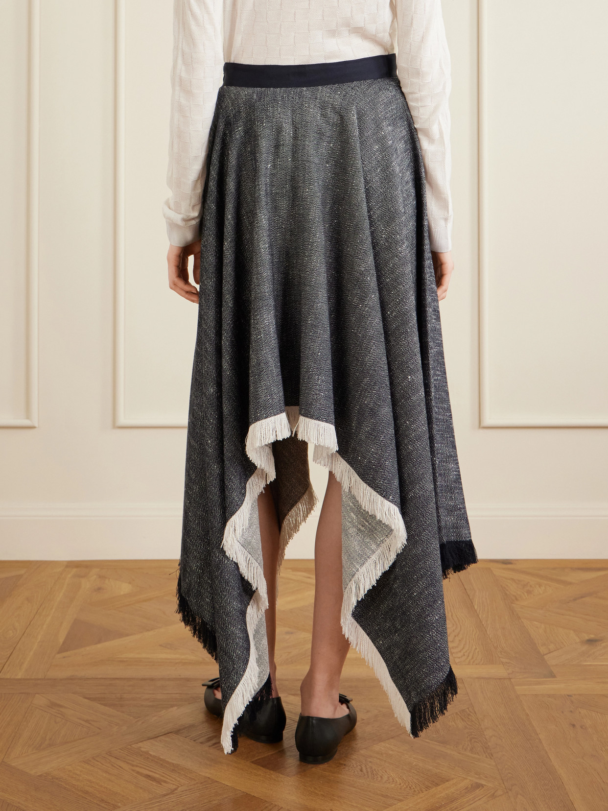 Frayed Asymmetric Tweed Midi