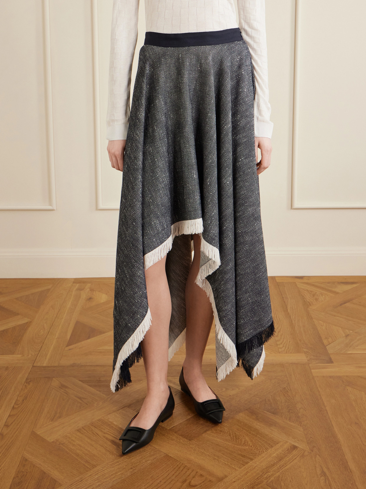 Frayed Asymmetric Tweed Midi