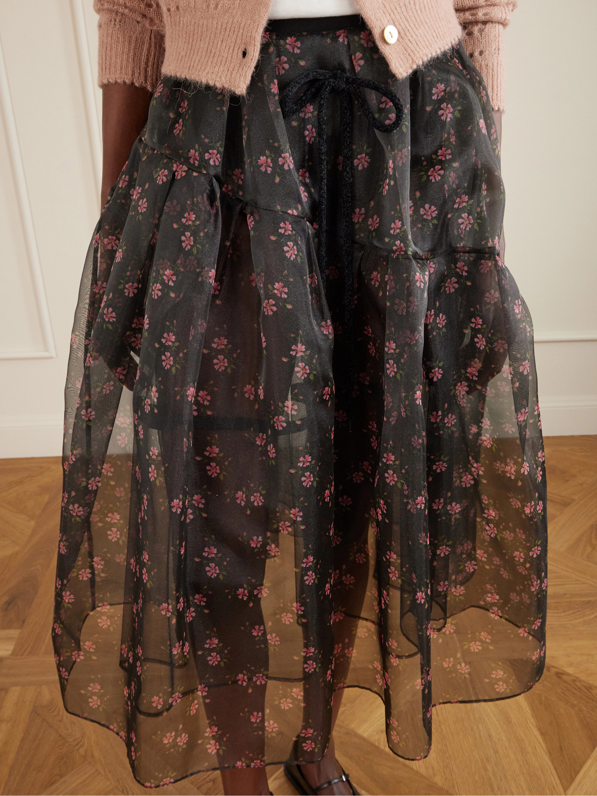 Simone Rocha - Tiered floral-print organza midi skirt | Plush
