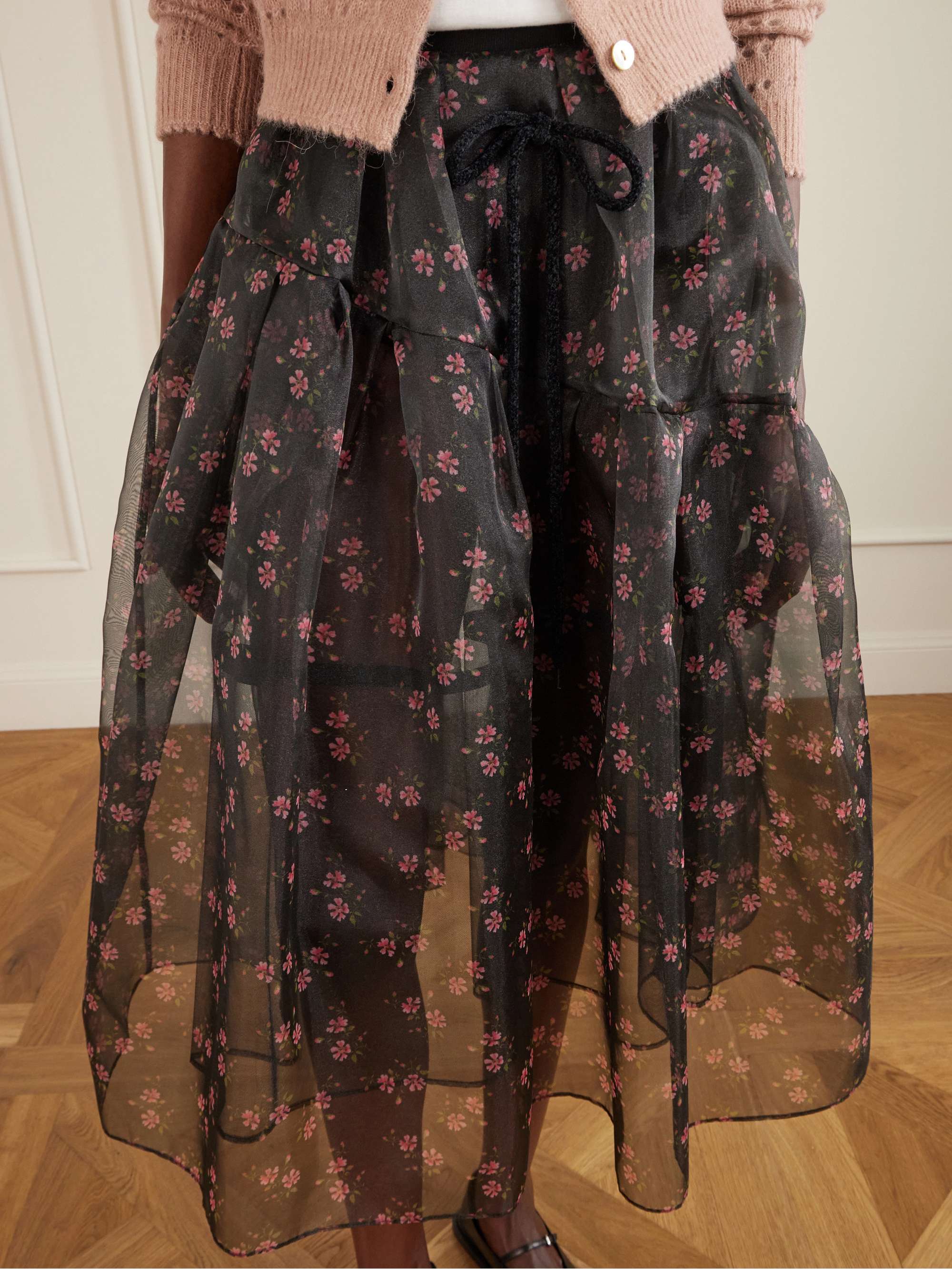 SIMONE ROCHA Tiered floral-print organza midi skirt | NET-A-PORTER
