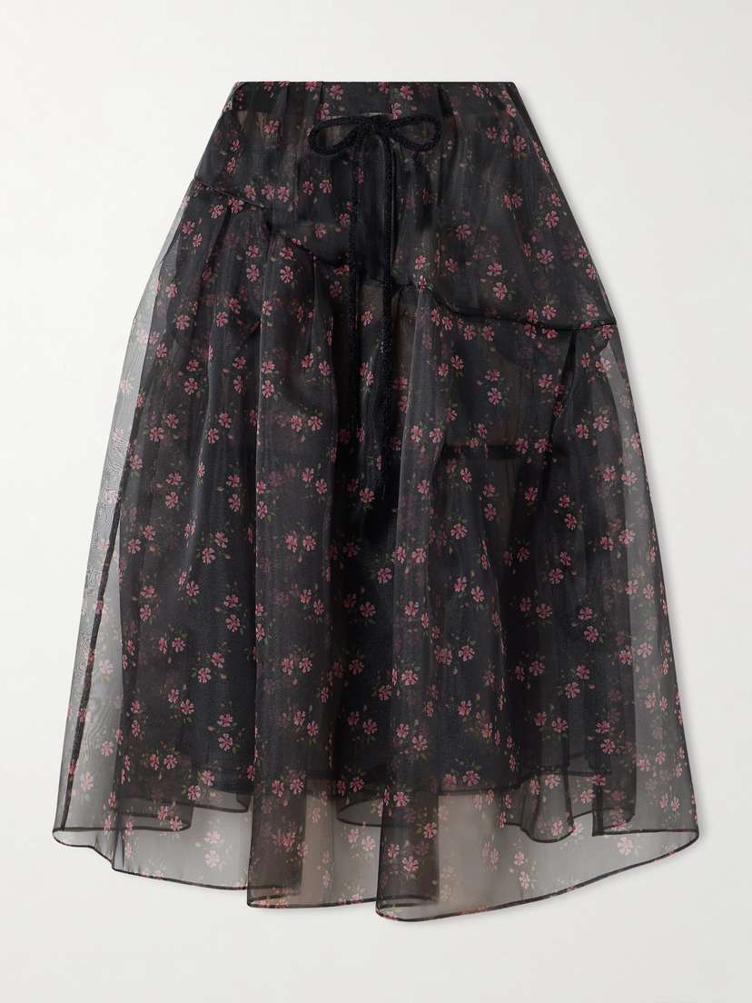 Simone Rocha Tiered Floral-print Organza Midi Skirt
